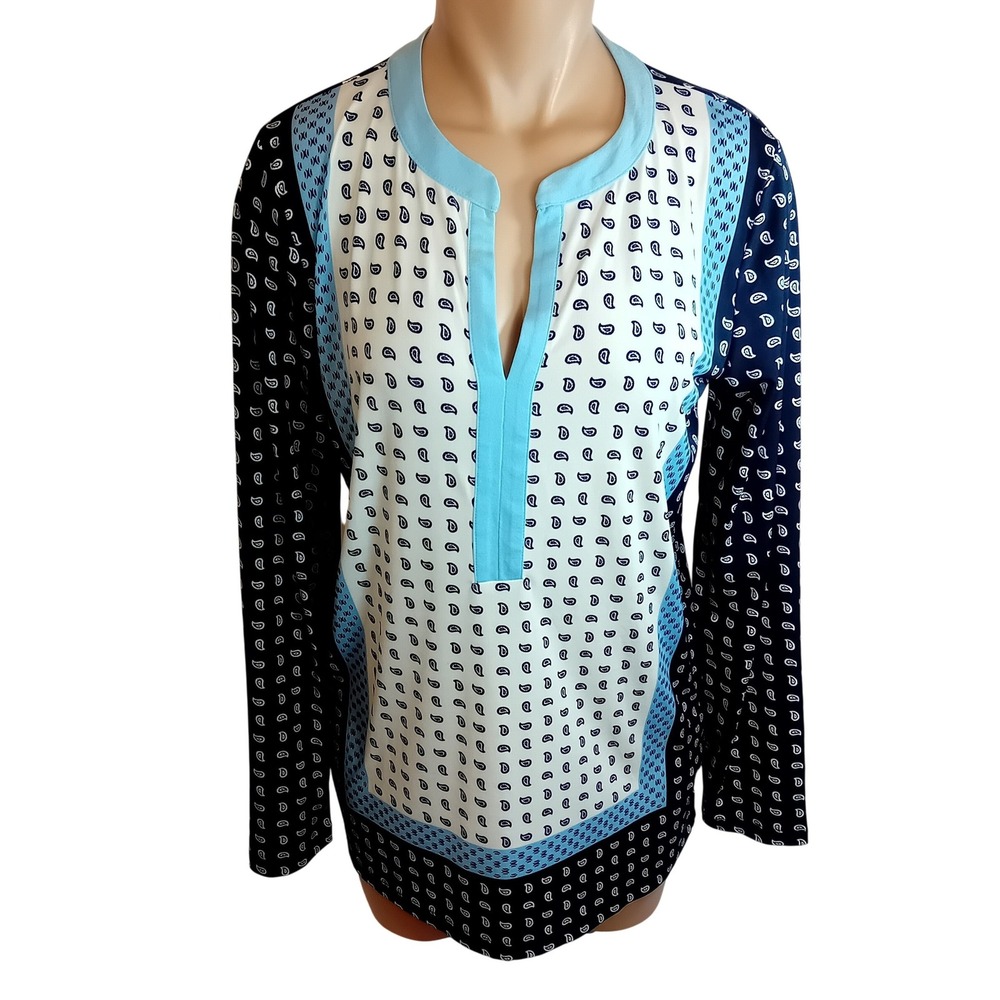 NWOT‎ Modern Jones New York Color Block Split Neck Tunic Paisley Batik Print M